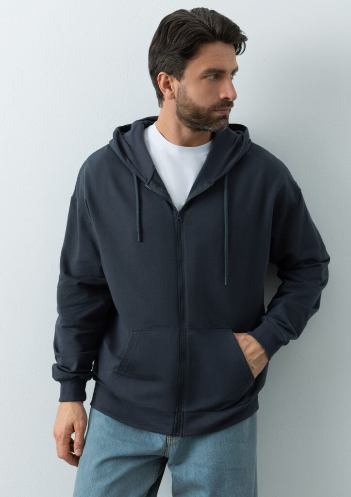 Толстовка оверсайз на молнии с капюшоном футер без начёса с именной вышивкой (Графит)